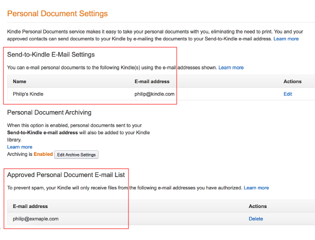 Amazon Personal Document Settings