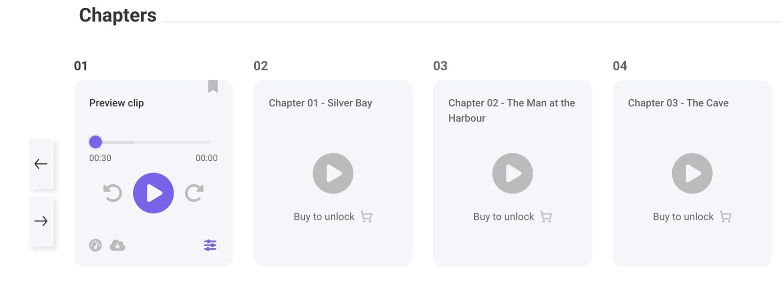 Audiobook chapters on Digitalbook with a free preview clip and paid chapters locked until purchase Audiobook chapters on Digitalbook with a free preview clip and paid chapters locked until purchase