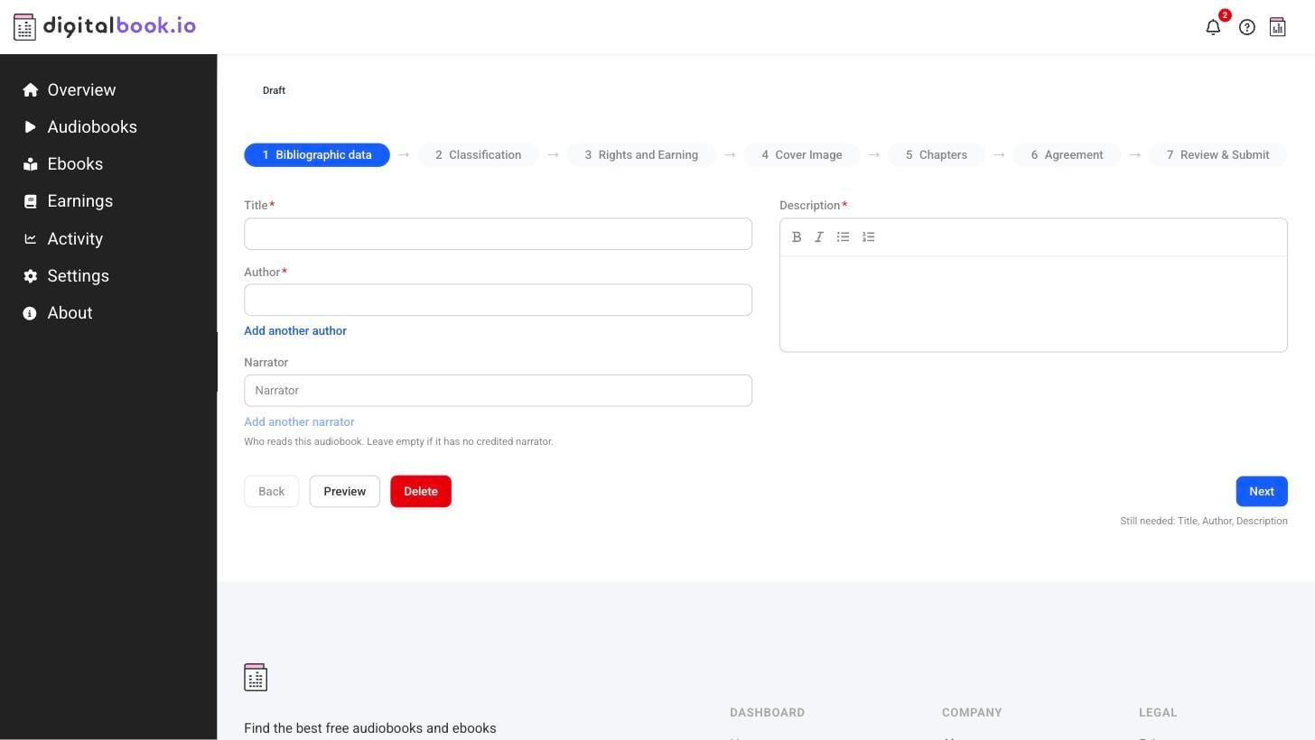 The seven-step audiobook publishing form in the Digitalbook creator dashboard The seven-step audiobook publishing form in the Digitalbook creator dashboard