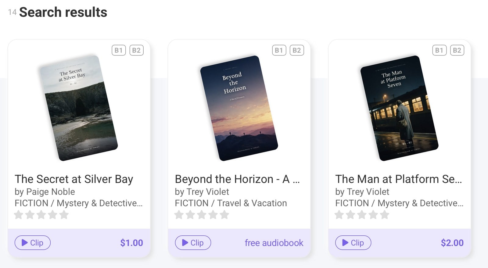 Audiobooks by independent creators shown in Digitalbook search results with cover, author, genre and price