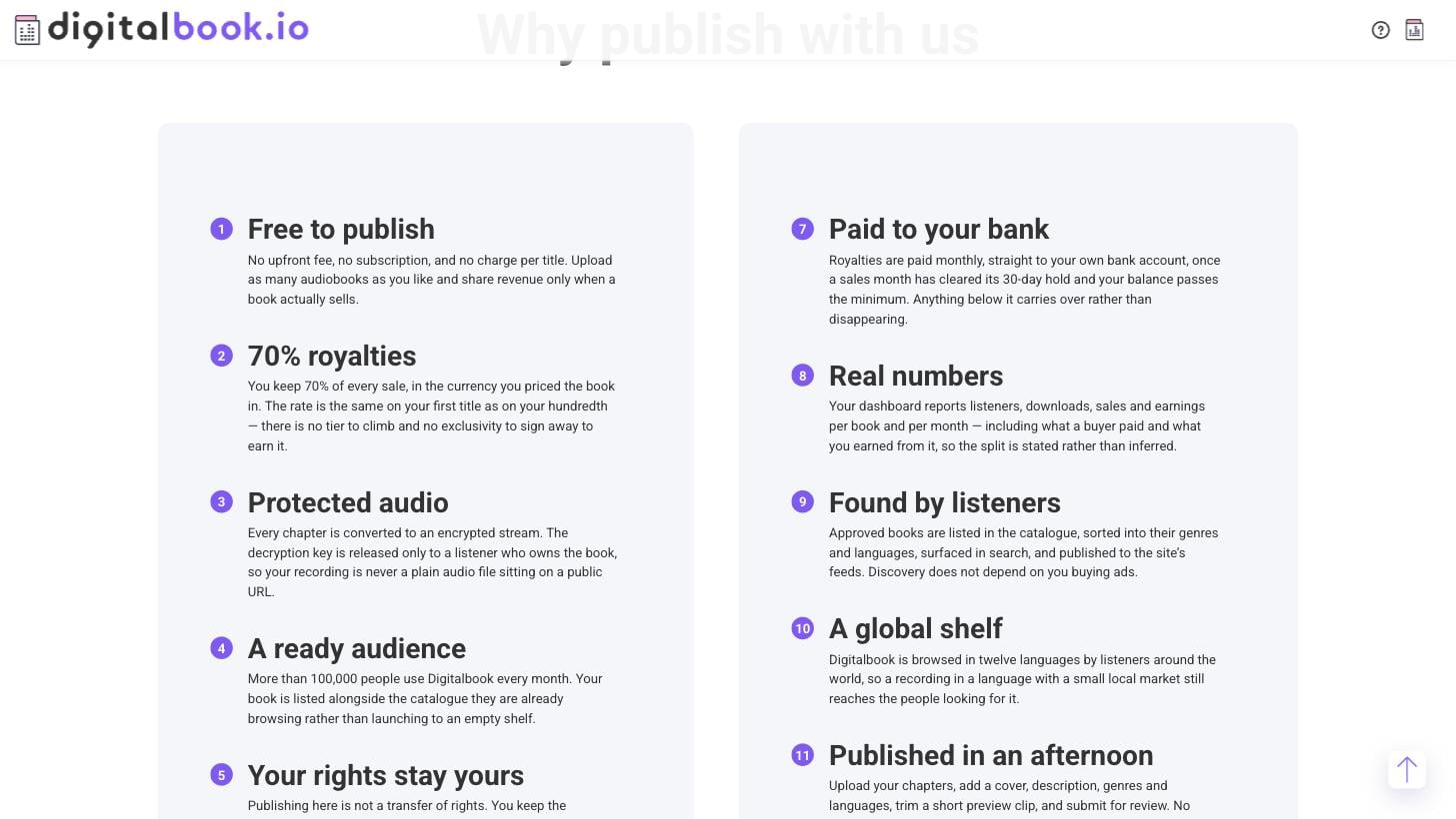 Why publish with Digitalbook: free to publish, 70% royalties, protected audio and a ready audience Why publish with Digitalbook: free to publish, 70% royalties, protected audio and a ready audience