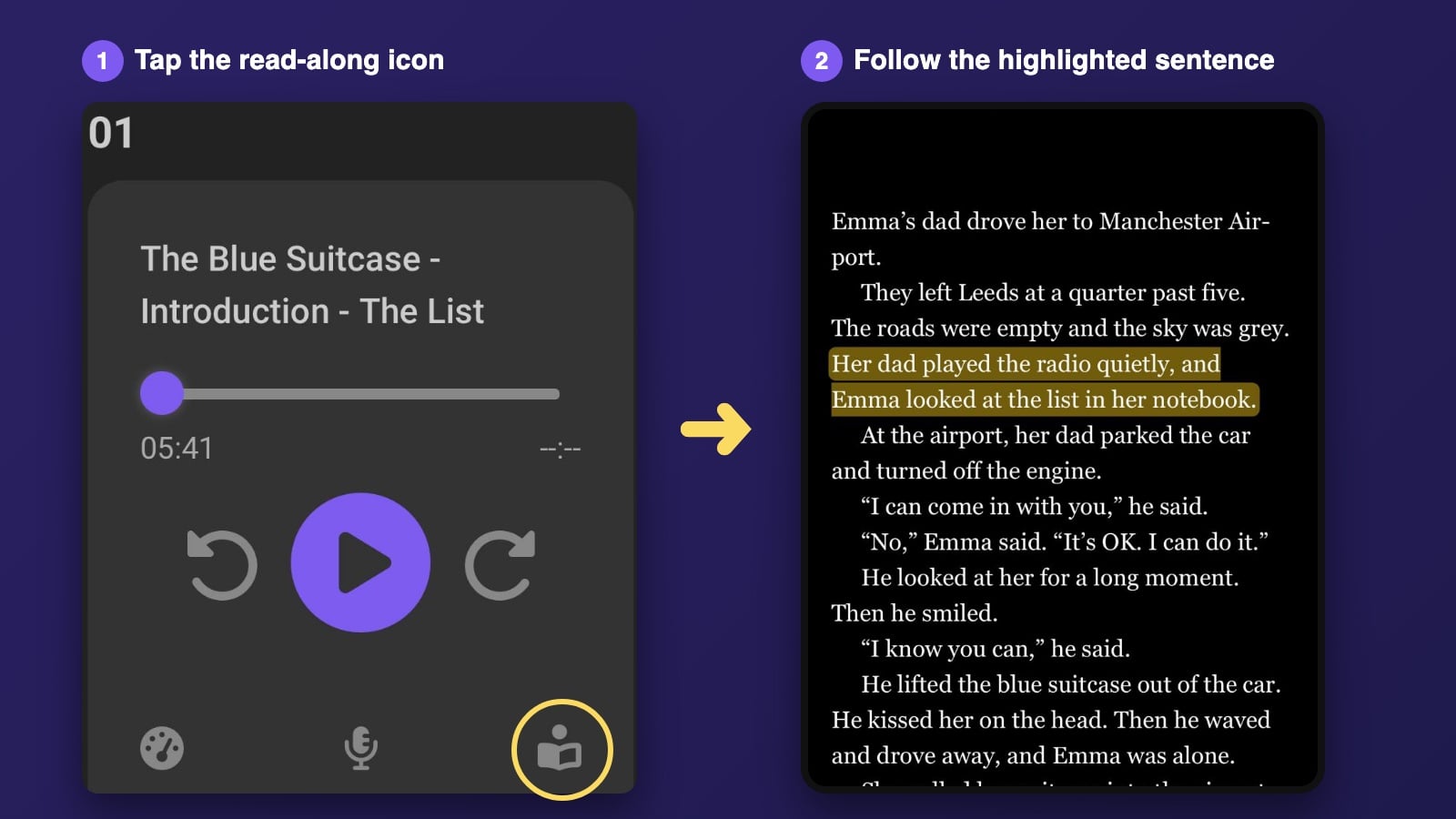 How to read along: tap the read-along icon on the chapter, then follow the highlighted sentence as you listen