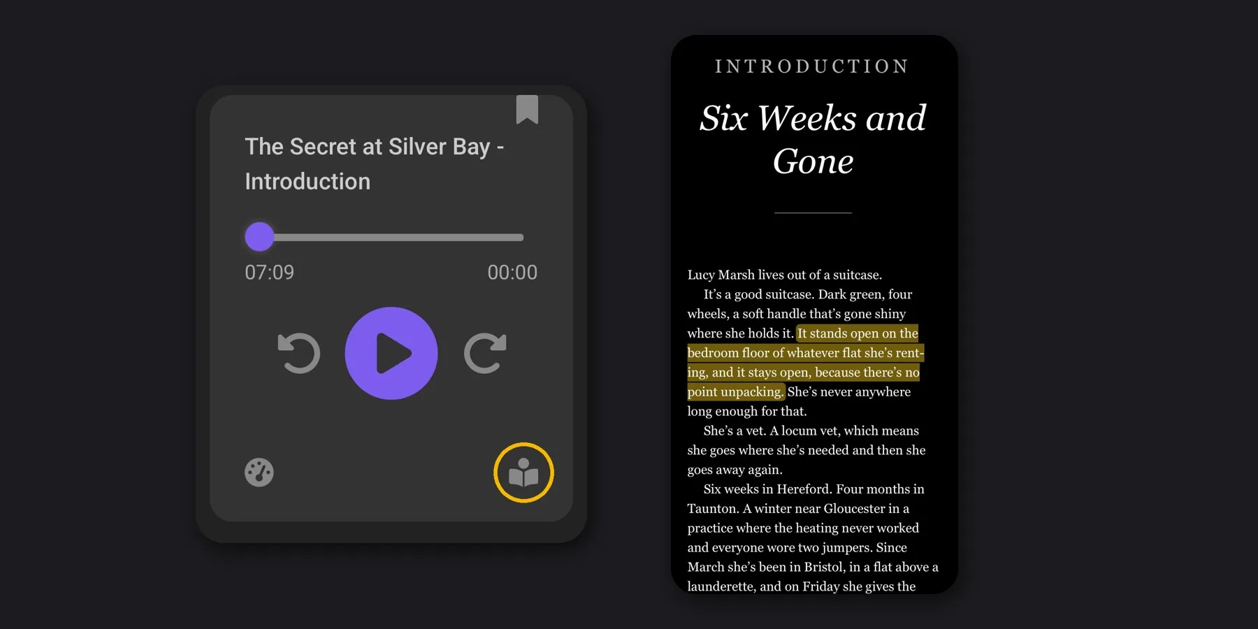 Read-along in the Digitalbook mobile app: the player’s read-along button and the highlighted text
