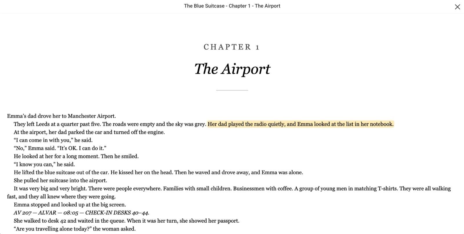 Read and listen at the same time on a computer: The Blue Suitcase with the current sentence highlighted