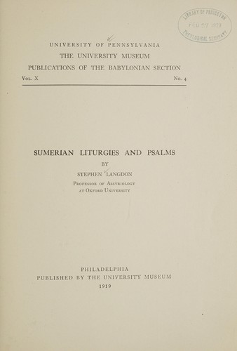 Sumerian Liturgies and Psalms