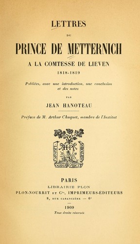 Lettres du prince de Metternich à la comtesse de Lieven, 1818-1819