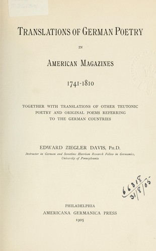 Translations of German Poetry in American Magazines 1741-1810